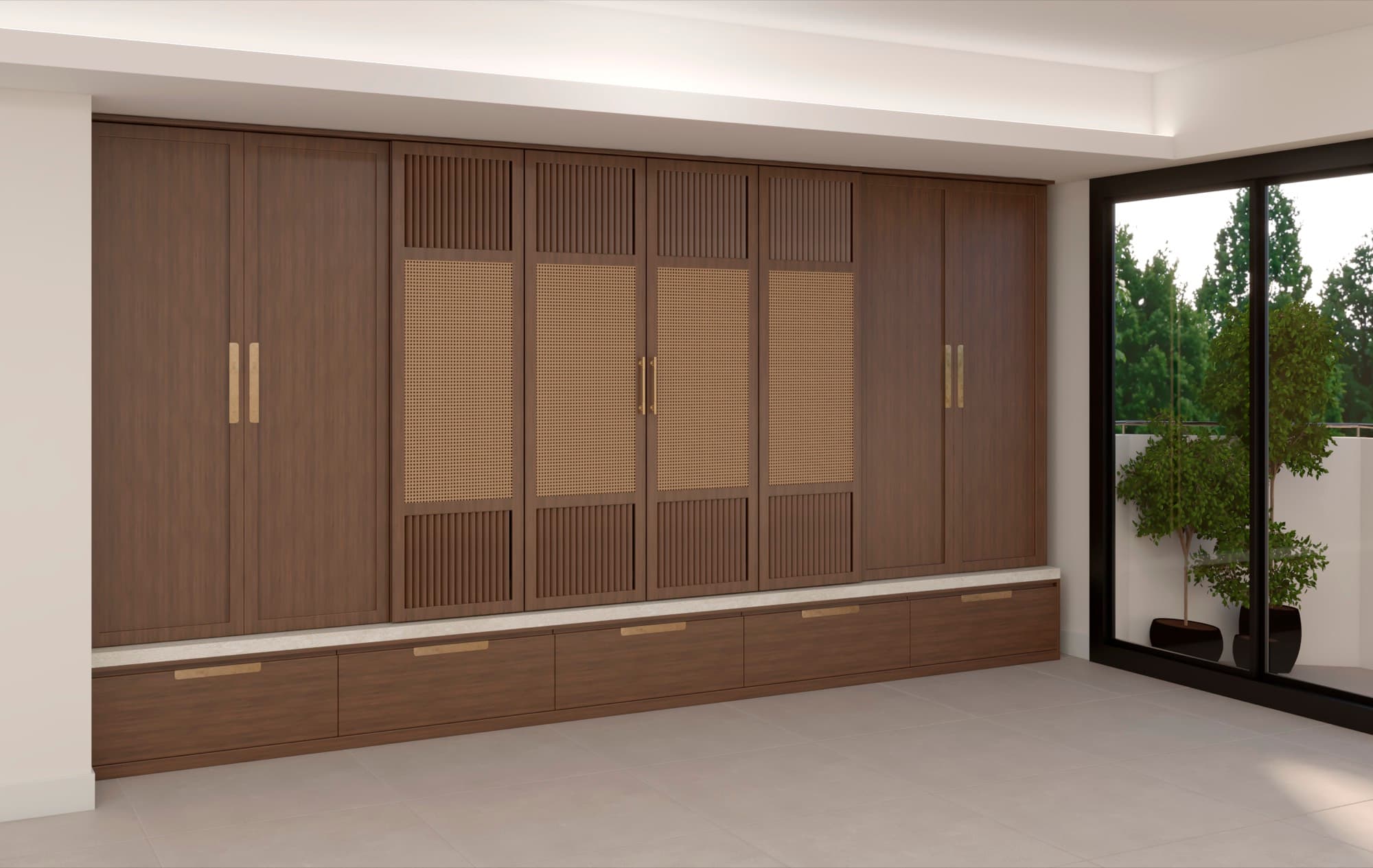 Full-height living room joinery wall in dark timber with fluted and caned panels