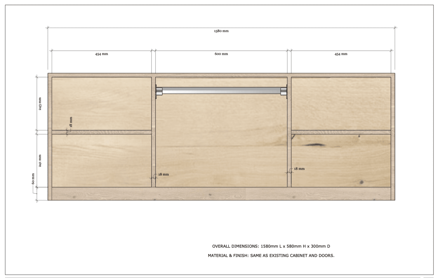 Elevation of the Montessori wardrobe: 1580mm long, 580mm high, 300mm deep, with a central hanging rail
