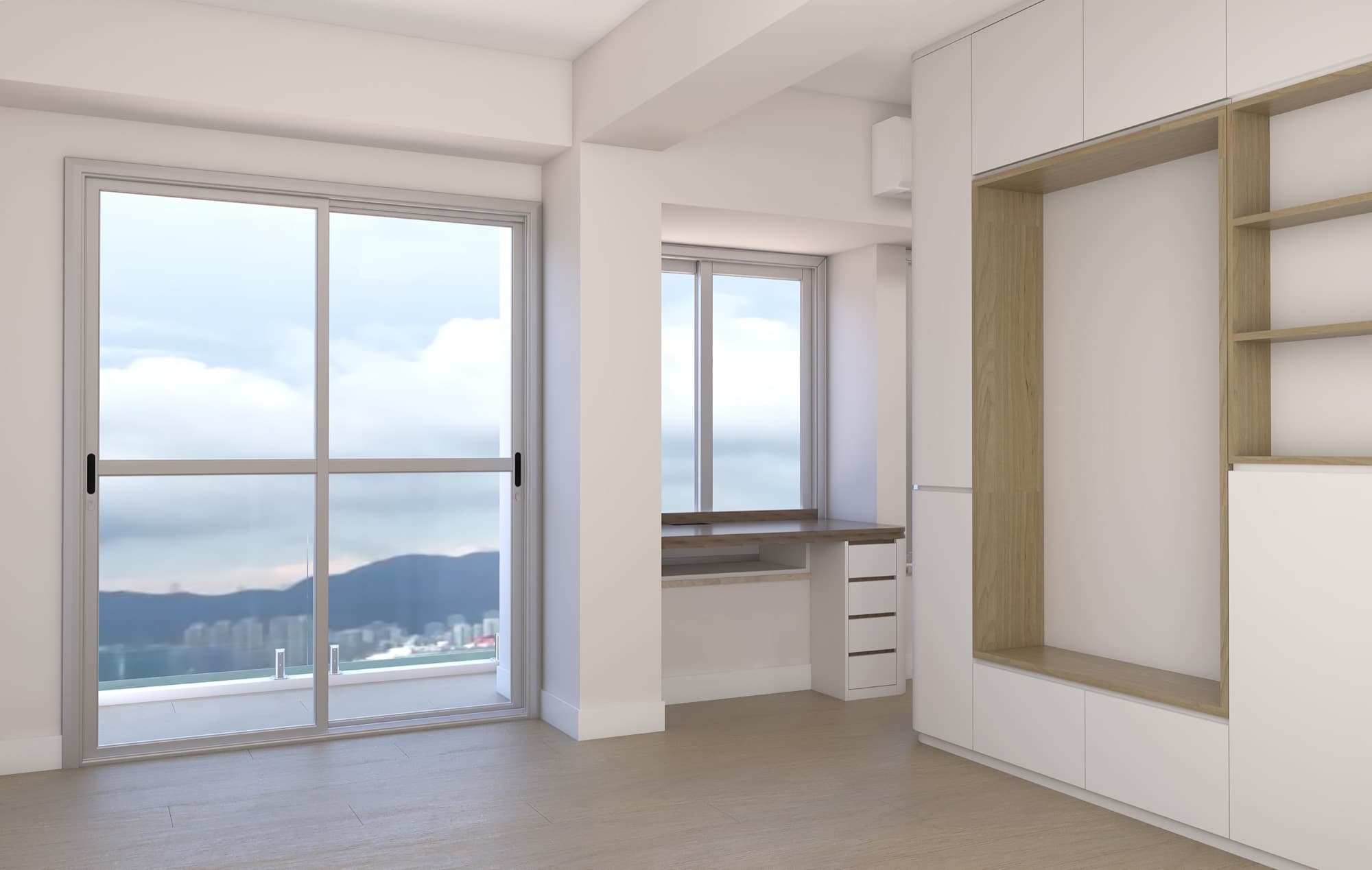Bedroom opening to a balcony, with built-in joinery and a desk set into the window bay