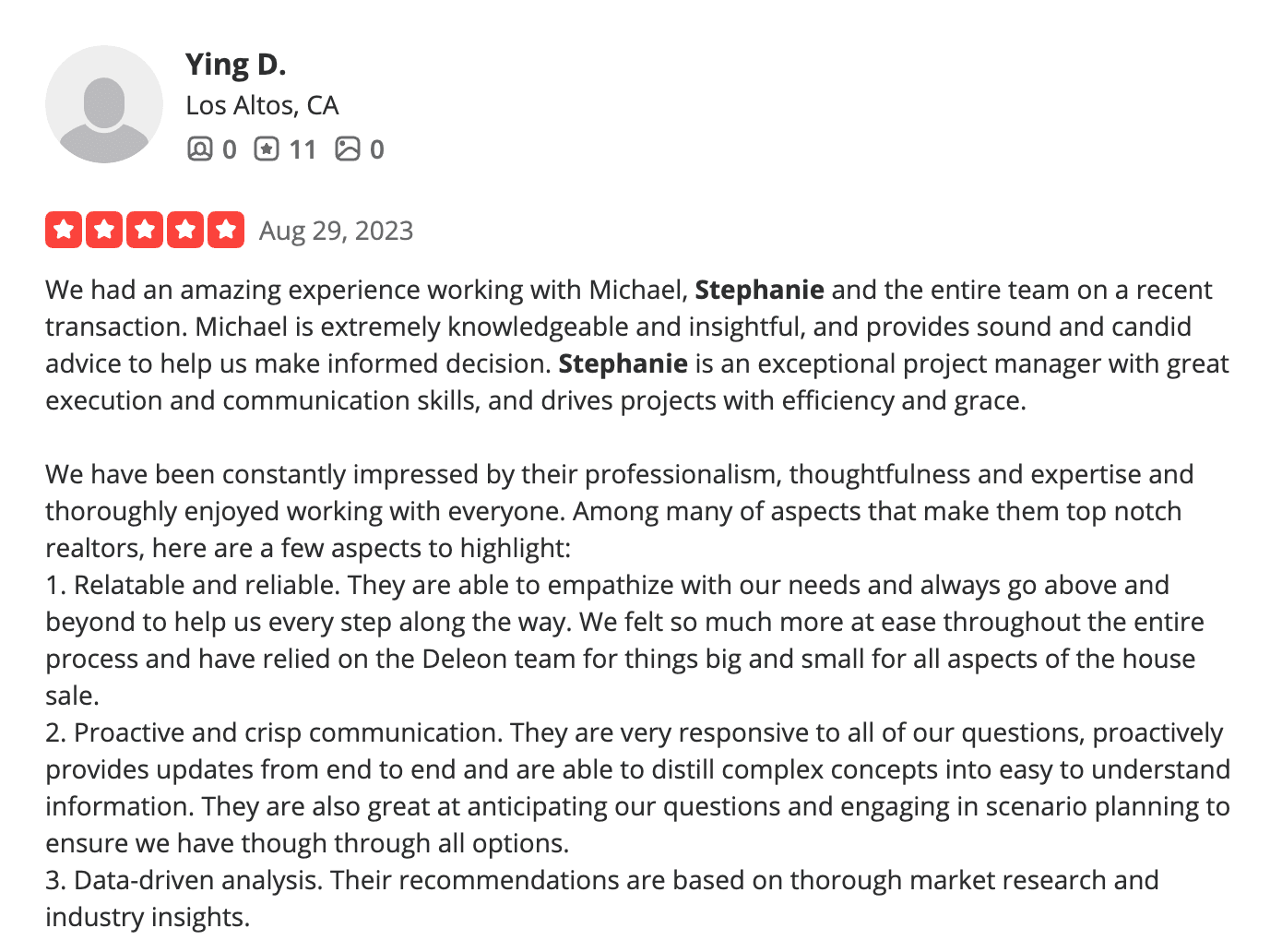 Yelp review of DeLeon Realty by Ying D., Los Altos CA, Aug 29 2023, praising Stephanie as an exceptional project manager