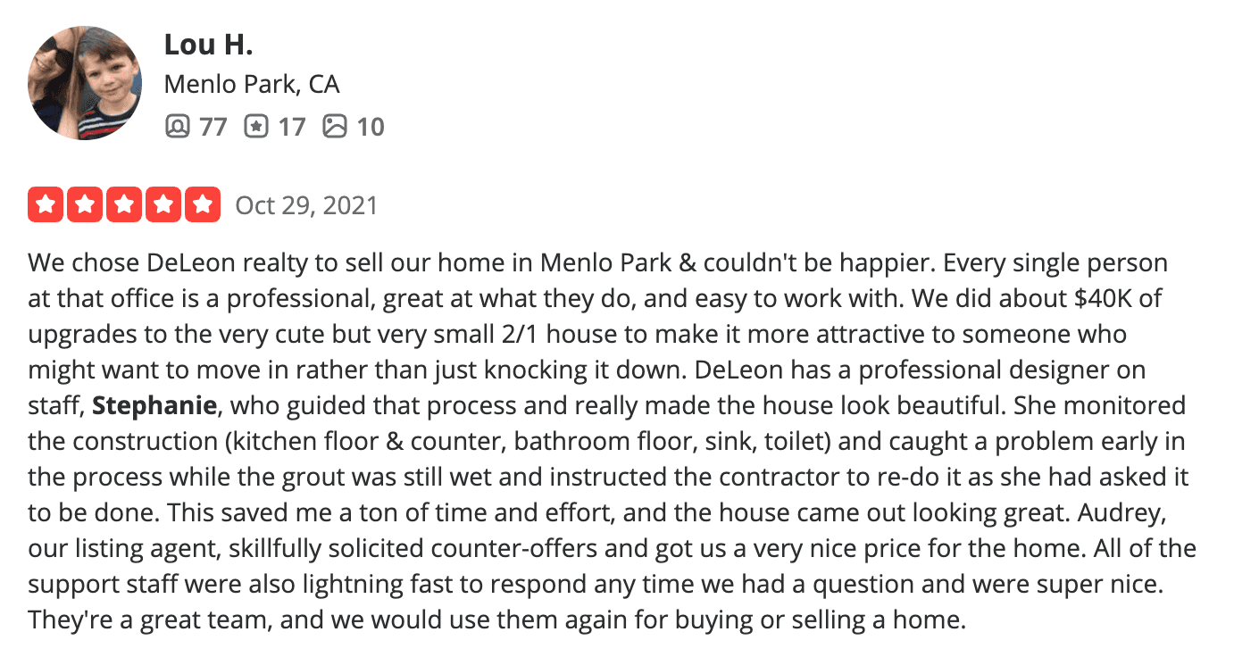 Yelp review of DeLeon Realty by Lou H., Menlo Park CA, Oct 29 2021, crediting DeLeon's professional designer Stephanie with guiding the upgrade process