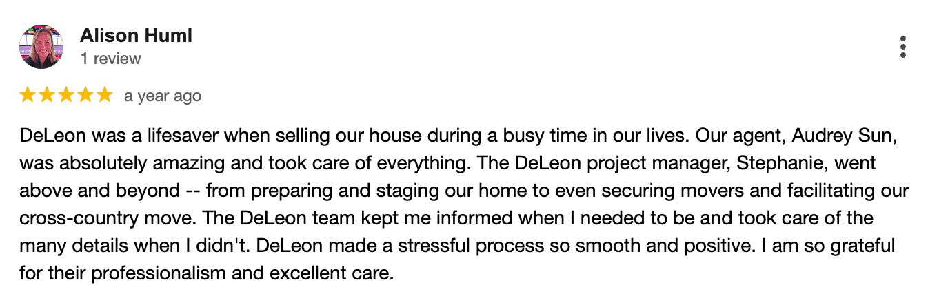 Google review of DeLeon Realty by Alison Huml, crediting the DeLeon project manager Stephanie with going above and beyond